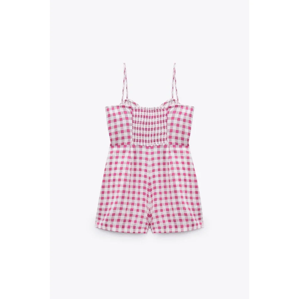 Zara Gingham Print Linen-Blend Button Down Sleeveless Romper Shorts (NWT)